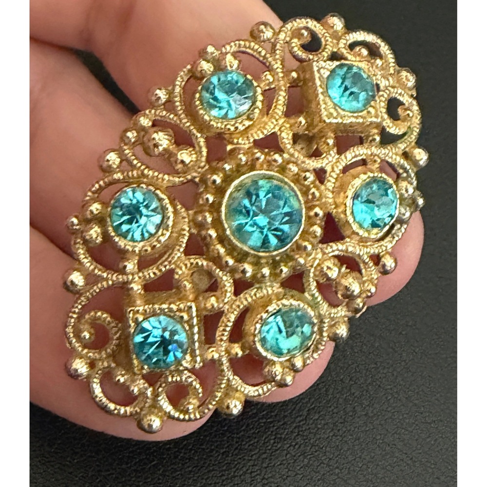 Vintage Rhinestone Brooch Victorian Revival Openwork Gold Tone Teal